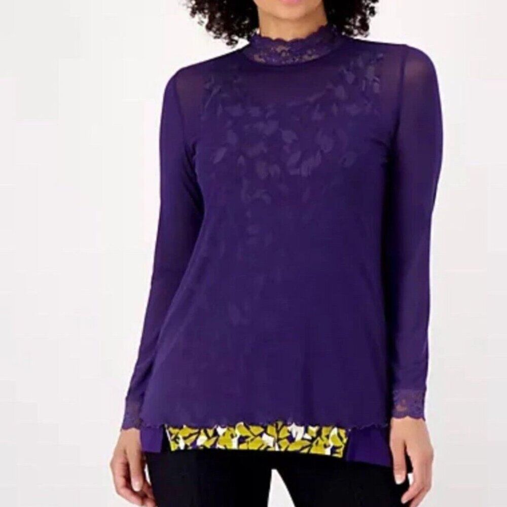 LOGO by Lori Goldstein Purple Long Sleeve Lace Trim Top